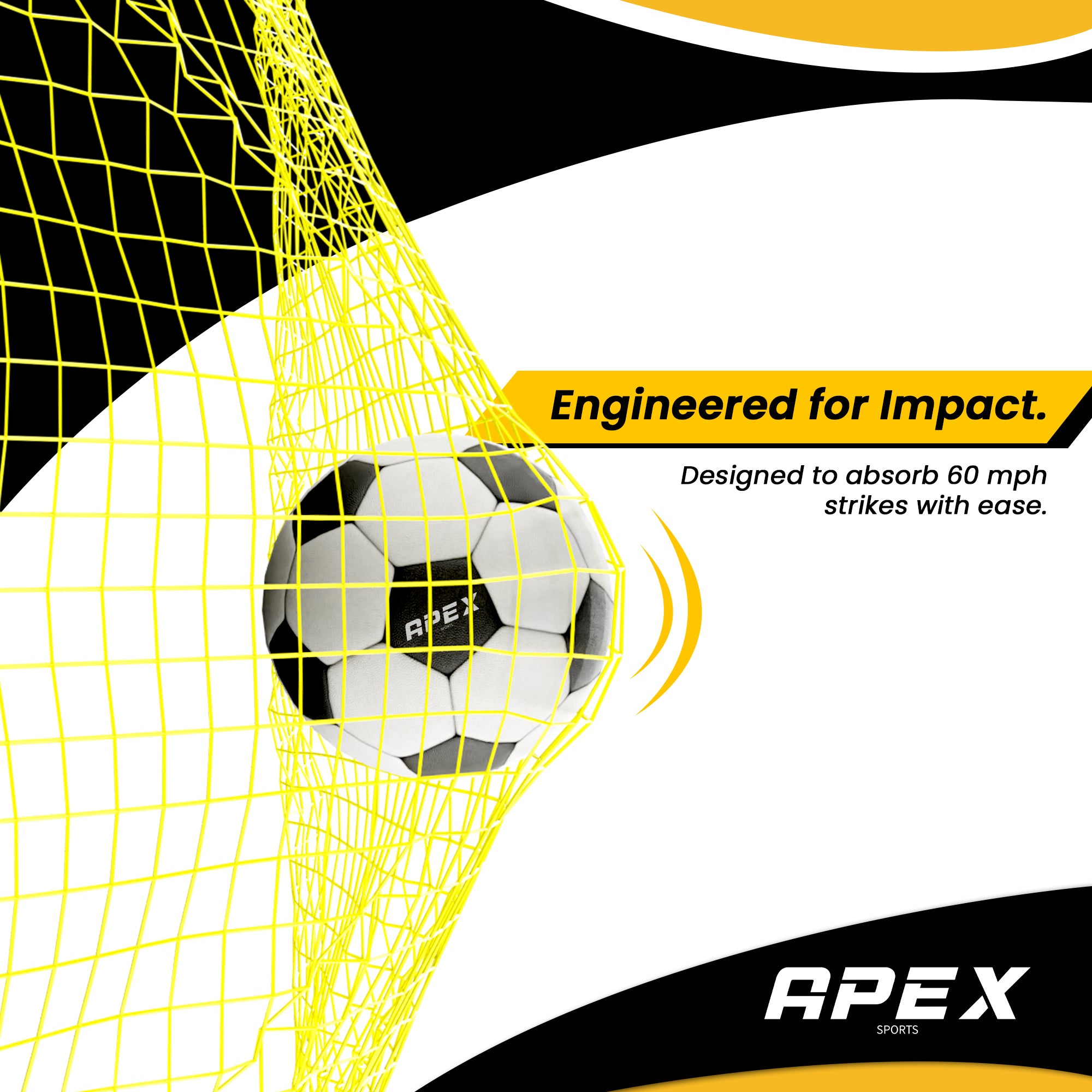 Apex Sports 12x6' Soccer Net designed to absorb 60 mph strikes