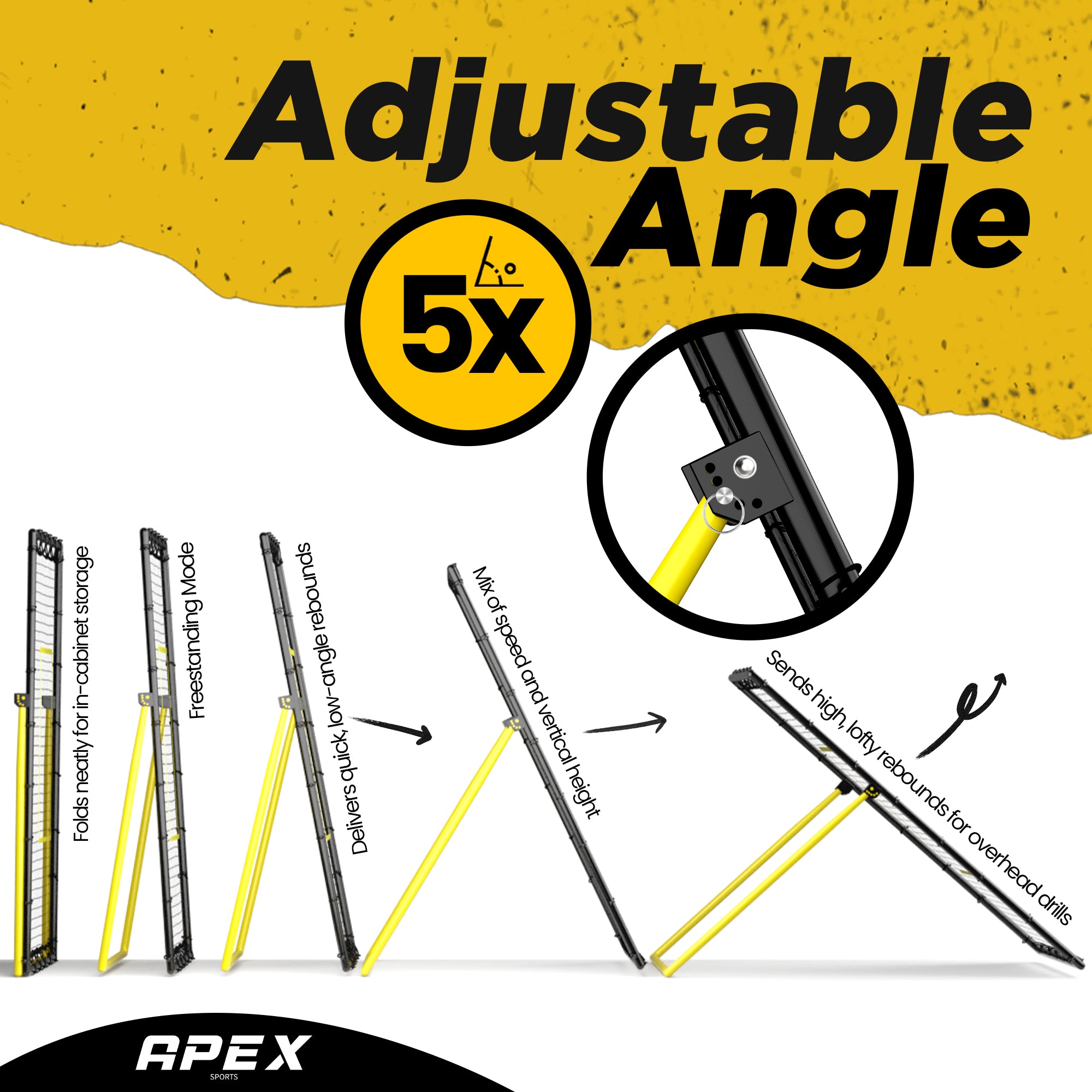 Graphic demonstrating the 5x adjustable angles of the Apex Sports $7\times4$ ft Volleyball Rebounder, showing positions for low-angle passing, vertical setting reps, and high lofty rebounds for overhead drills.