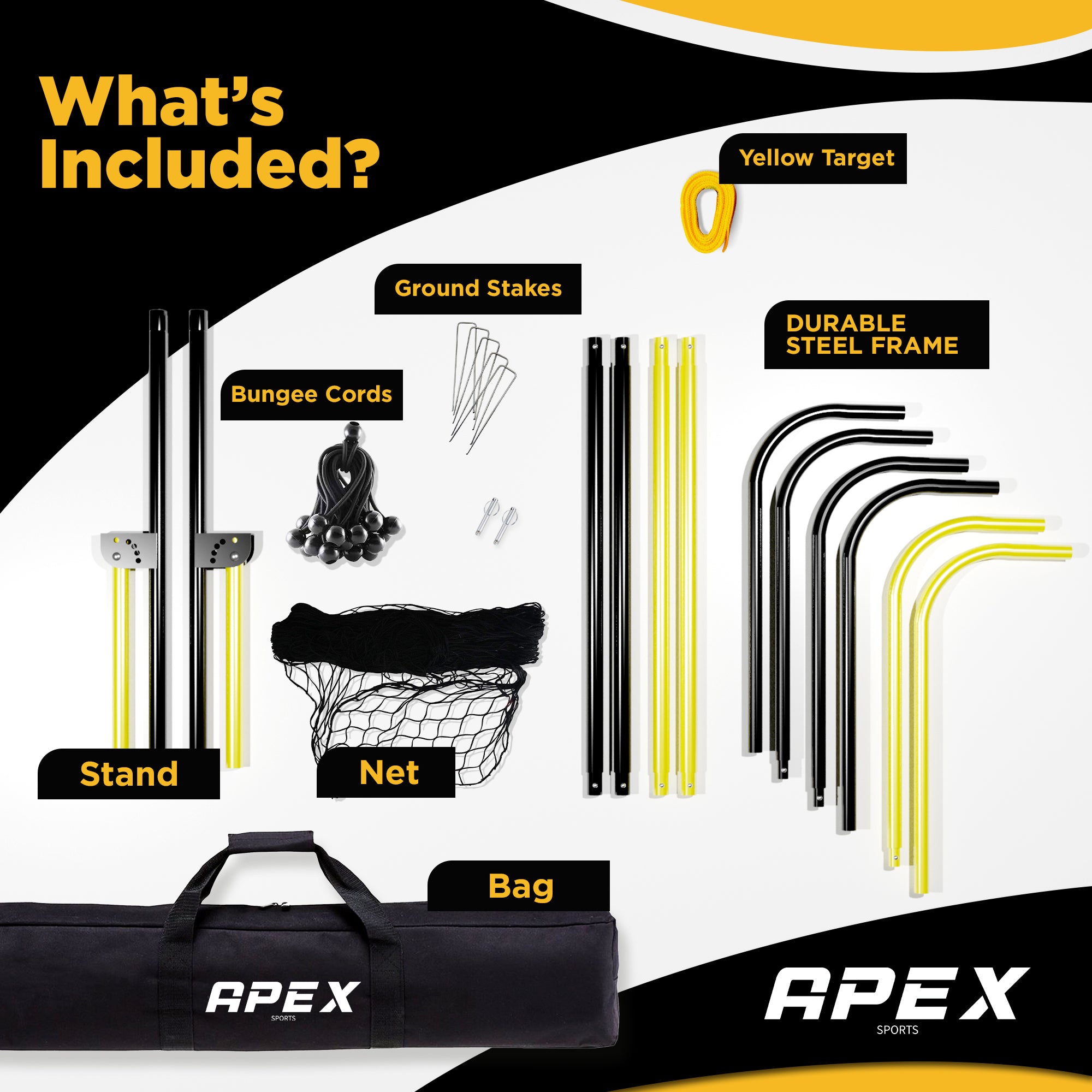 Graphic checklist showing what is included with the Apex Sports 7X4 ft Volleyball Rebounder: durable steel frame, stand, net, carrying bag, bungee cords, ground stakes, and yellow target.