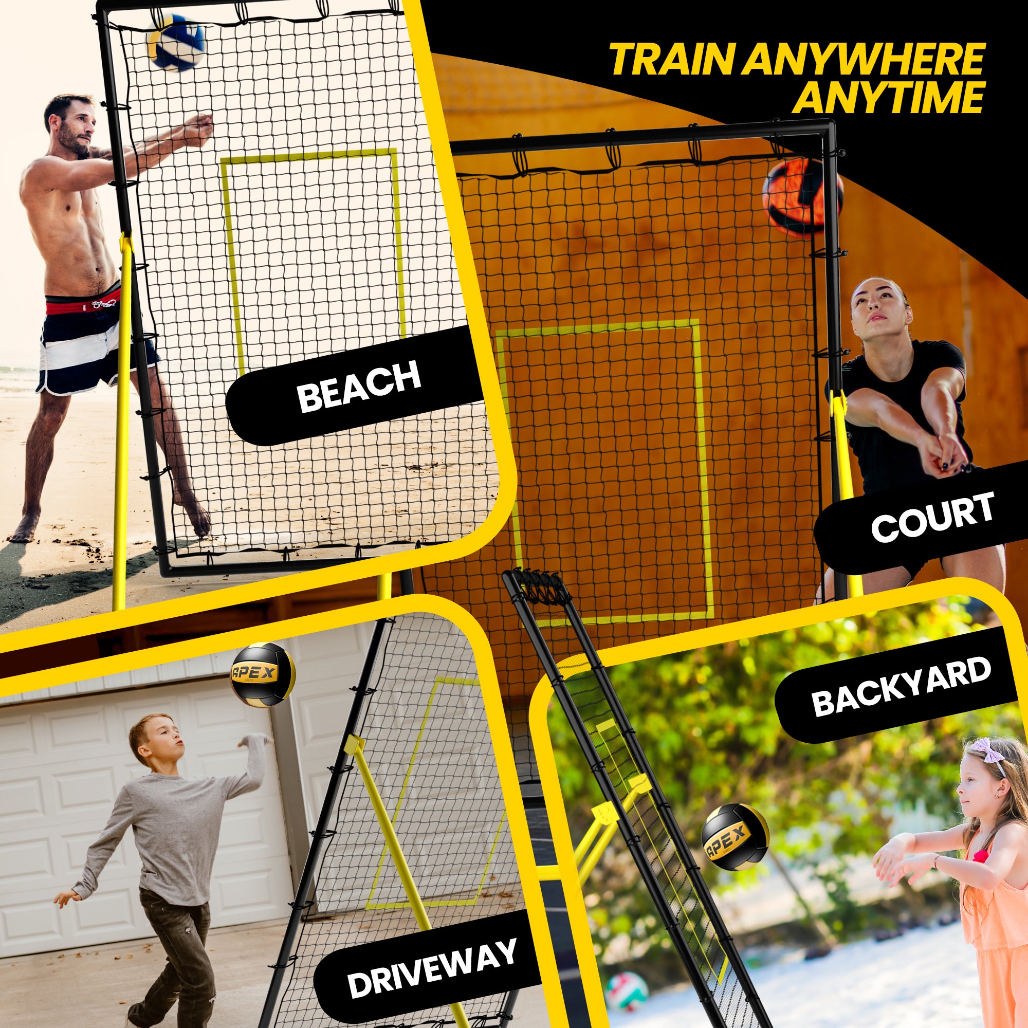 A collage demonstrating the portability of the Apex Sports 7X4 ft Volleyball Rebounder, showing athletes practicing on a beach, in a backyard, and on a driveway to highlight versatile solo training anywhere.