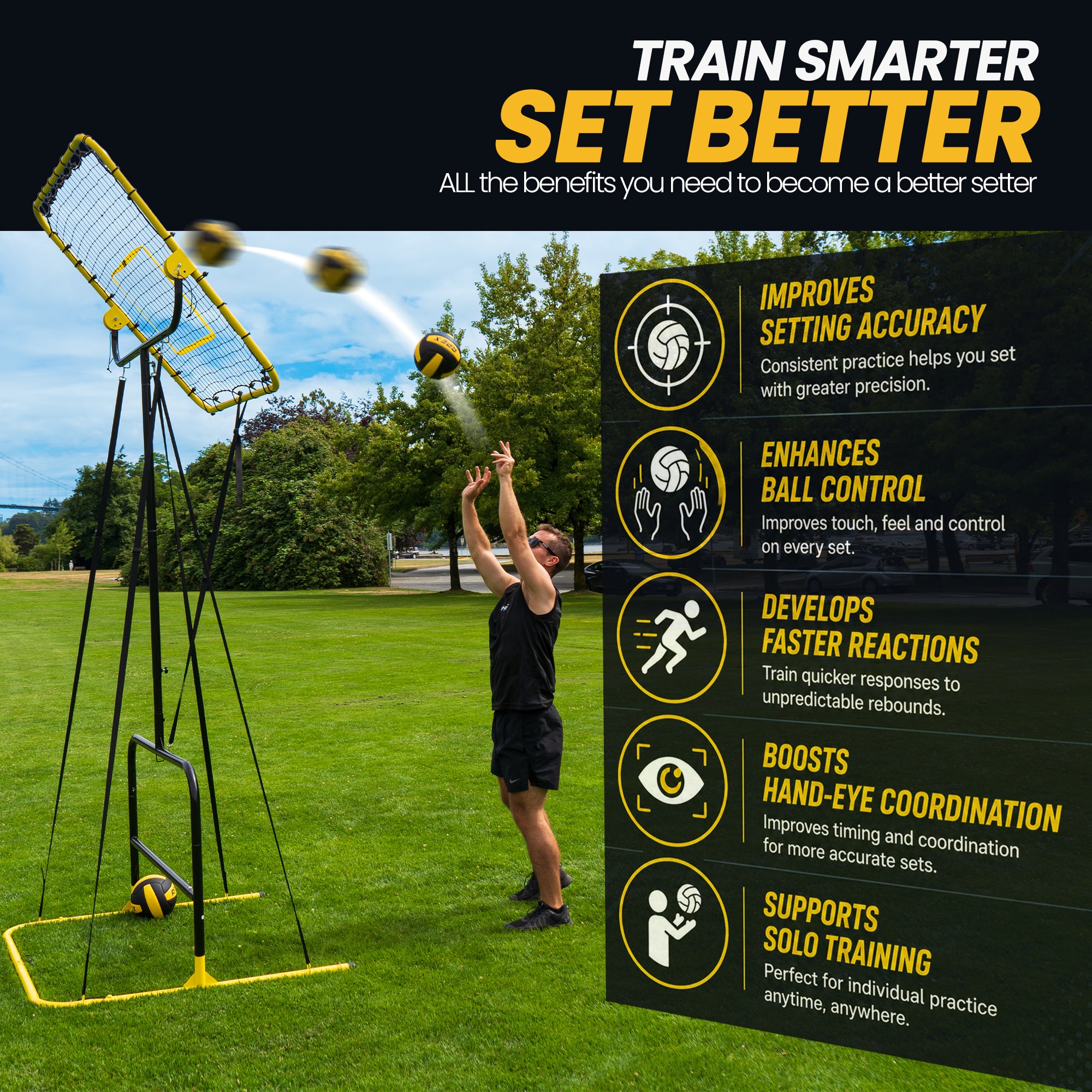 Volleyball Setter Trainer — Adjustable Height 6 to 11 ft Solo Setting & Overhead Pass Rebounder