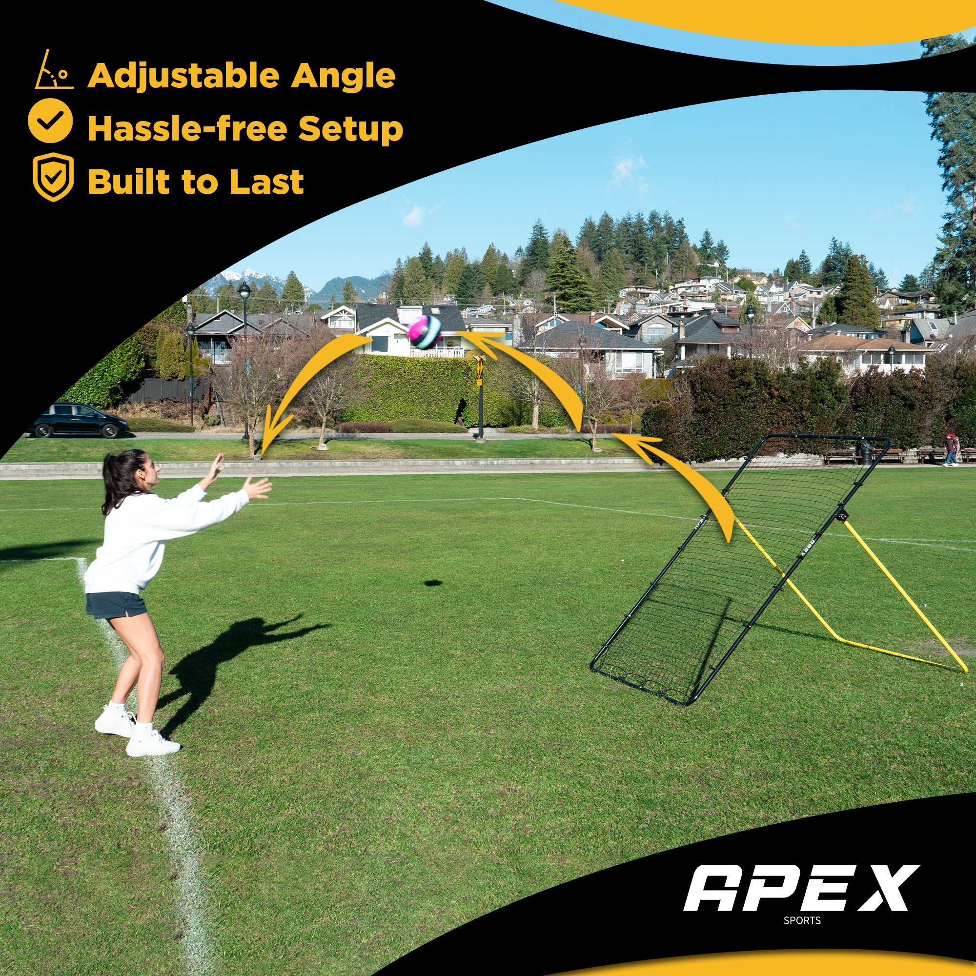 A female athlete practicing overhead setting reps in a park with the Apex Sports 7X4 ft Volleyball Rebounder, featuring a portable design for hassle-free setup and adjustable angles on grass.