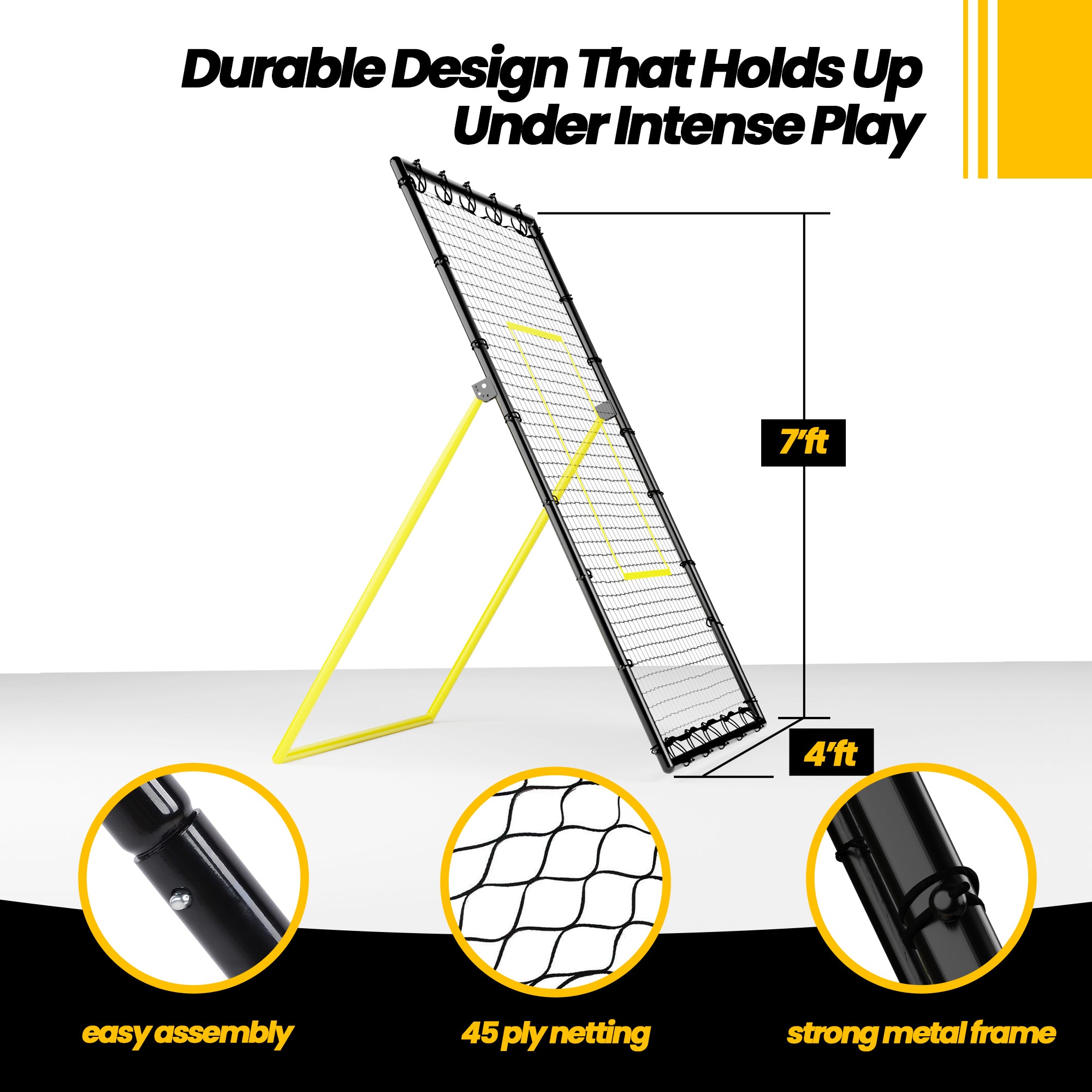 Graphic highlighting the durable design of the Apex Sports 7X4 ft Volleyball Rebounder, showing its 7 ft height and 4 ft depth with callouts for the 45-ply netting, strong metal frame, and easy assembly.